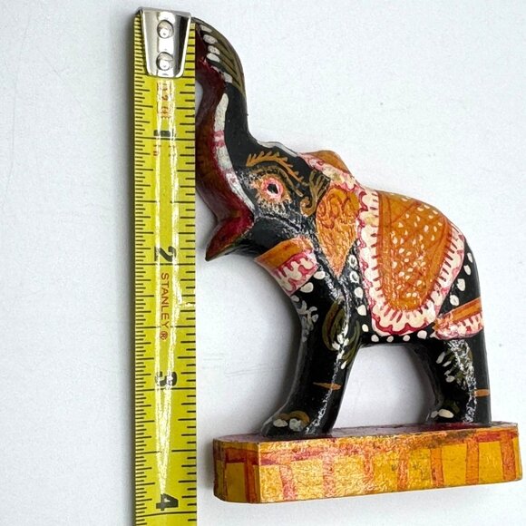 Wooden Elephant on Platform Decorative Sculpture Hand Painted Trunk Up Vtg 4" - Picture 5 of 10